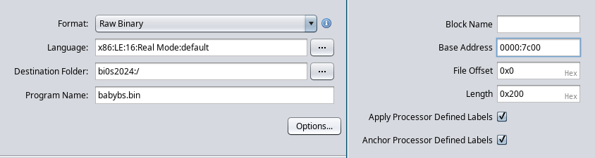 “ghidra import options with real mode and base address 0x7c00”